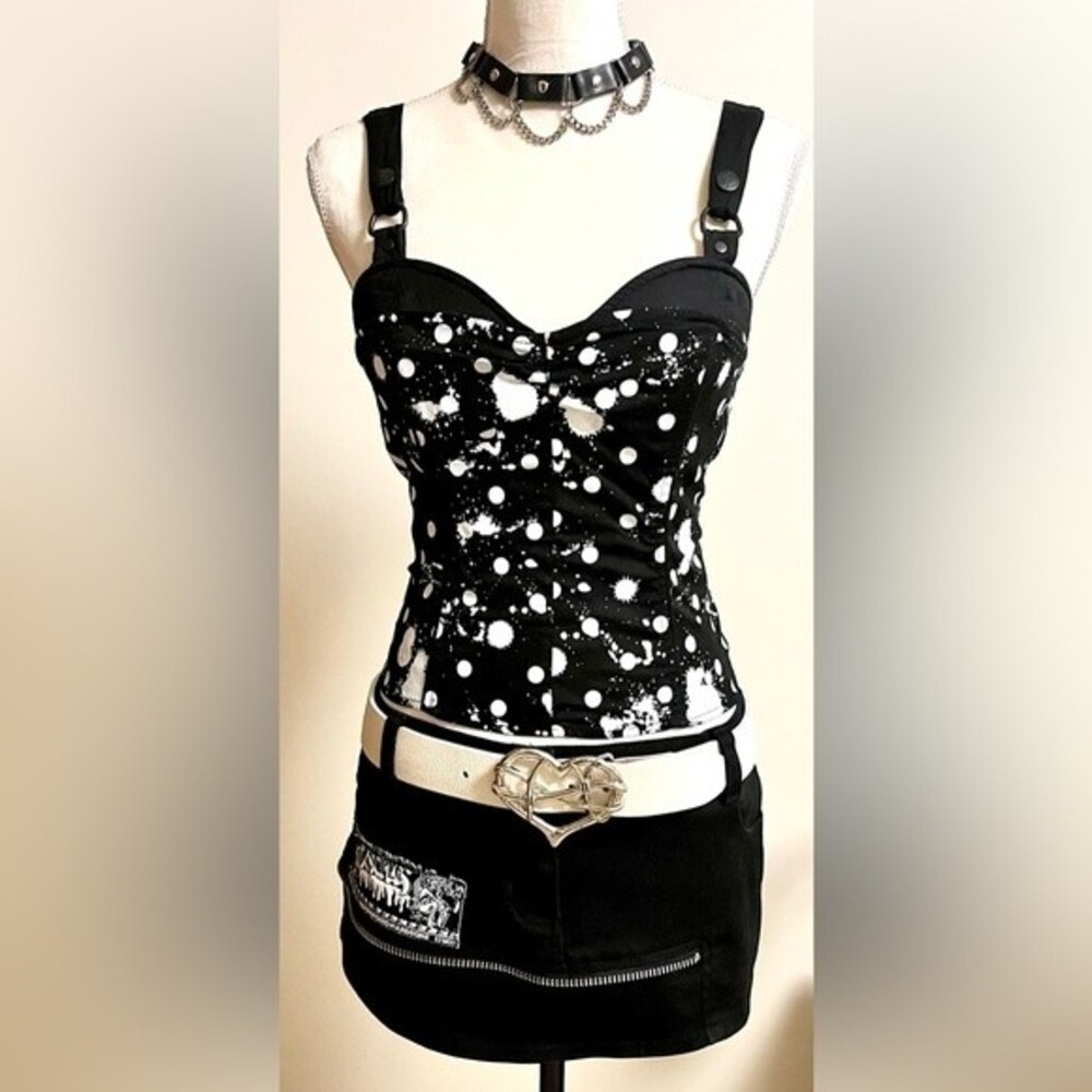 Vintage Y2K Lip Service Black with White Polka Splats Corset Top SZ Large